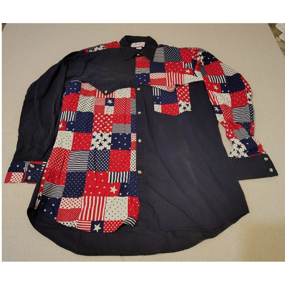 EZ Western Wear Patchwork American Flag Print Cowboy Rodeo Shirt Mens Large W